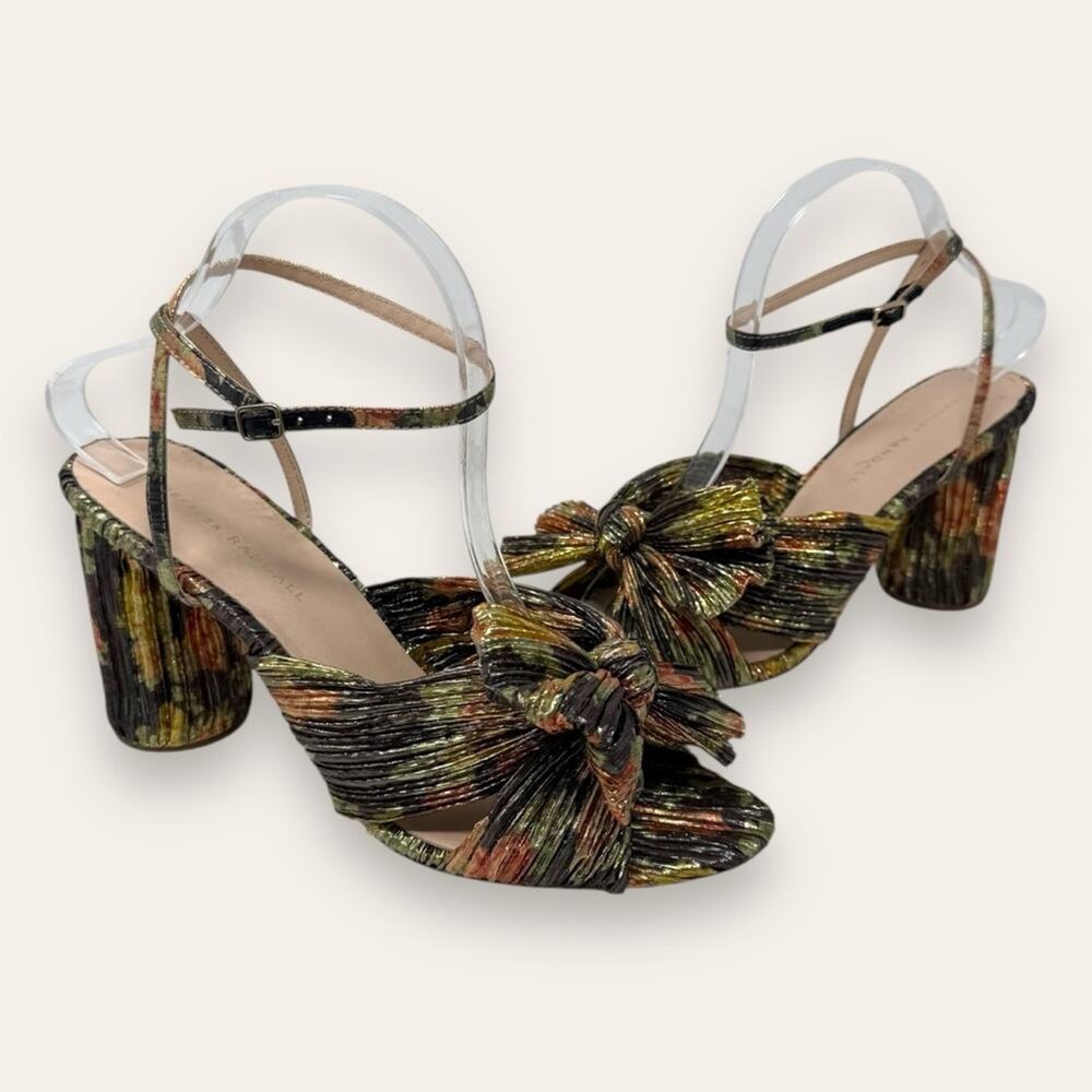 Loeffler Randall Camellia Knot Ankle Strap Sandals Pleat Knot Dark Floral 10